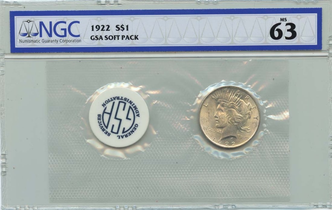1922 Peace Dollar GSA SOFT PACK S$1 NGC MS63: 1922 Peace Dollar GSA SOFT PACK S$1 NGC MS63 Soft pack of 1922 Peace Dollar coins, certified by the Numismatic Guaranty Corporation (NGC) with a grade of MS63, a high level of mint state quality. The 