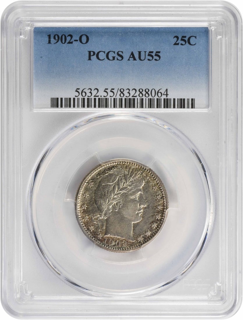 1902-O Barber Silver Quarter AU55 PCGS: 1902-O Barber Silver Quarter AU55 PCGS The 1902-O Barber Silver Quarter is a stunning example of early American coinage, featuring the iconic Barber design by Charles E. Barber. With a mintage of over