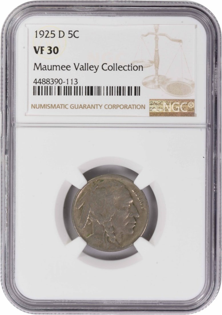 1925-D Buffalo Nickel VF30 NGC: 1925-D Buffalo Nickel VF30 NGC The 1925-D Buffalo Nickel is a highly detailed and intricately designed coin, featuring a majestic buffalo on the reverse and a shield with a wreath on the obverse. Cert