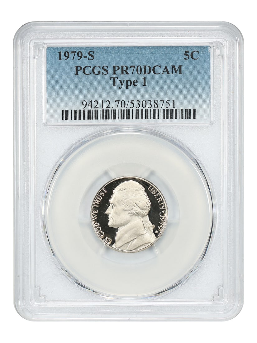 1979-S 5C PCGS PR70DCAM (Type 1) - Jefferson Nickel: 1979-S 5C PCGS PR70DCAM (Type 1) - Jefferson Nickel The 1979-S 5C PCGS PR70DCAM (Type 1) Jefferson Nickel is a highly graded, uncirculated coin with a stunning PR70DCAM grade from the Professional Coi