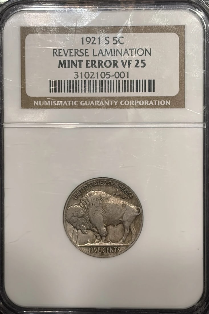 1921-S BUFFALO NICKEL REVERSE LAMINATION NGC VF25: 1921-S BUFFALO NICKEL REVERSE LAMINATION NGC VF25 The 1921-S Buffalo Nickel Reverse Lamination NGC VF25 is a circulated example of this iconic coin, featuring a striking reverse design with a unique