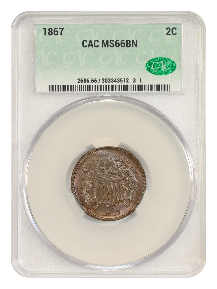 1867 2C CACG MS66BN - Two Cent - Great Type Coin: 1867 2C CACG MS66BN - Two Cent - Great Type Coin The 1867 2C CACG MS66BN is a highly detailed and well-certified coin, graded MS66 by the CACG, indicating a high level of quality and condition. This T