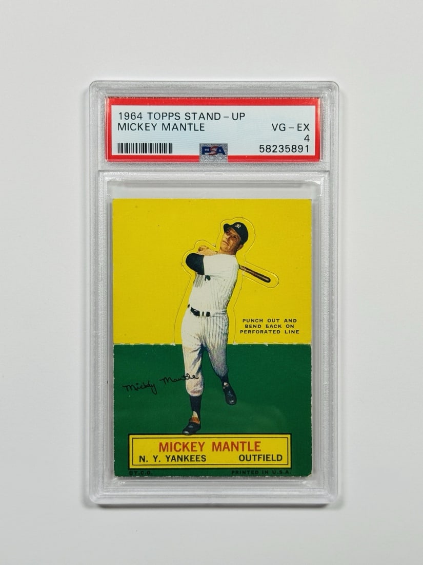 Mickey Mantle 1964 Topps Stand-up PSA 4: Mickey Mantle 1964 Topps Stand-up PSA 4 Mickey Mantle's 1964 Topps Stand-up PSA 4 is a highly graded example of one of the most iconic baseball cards of all time, boasting a Professional Sports Authen