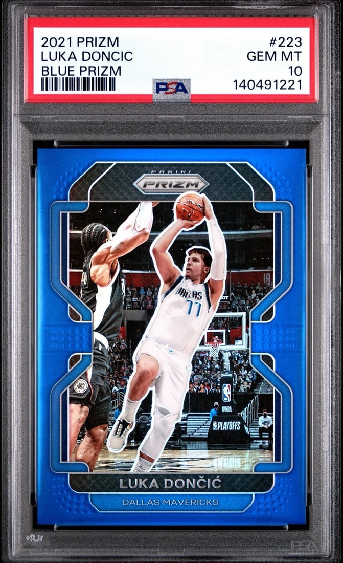 2021 PANINI PRIZM LUKA DONCIC #223 BLUE PRIZM/ 199 PSA 10: 2021 PANINI PRIZM LUKA DONCIC #223 BLUE PRIZM/ 199 PSA 10 2021 PANINI PRIZM LUKA DONCIC #223 BLUE PRIZM/ 199 PSA 10This 2021 Panini Prizm card features Luka Doncic in a stunning Blue Prizm parallel,