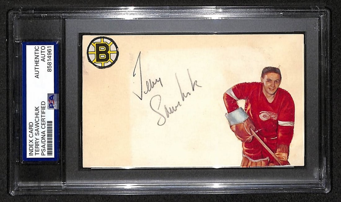 Signed Terry Sawchuk Red Wings HOF Bruins 3x5 Index Card Auto PSA BA209456: Signed Terry Sawchuk Red Wings HOF Bruins 3x5 Index Card Auto PSA BA209456 Item Specifics: Original/Reprint: Original Product: Photo Sport: Hockey Product Disclaimer: Not affiliated with any team or l