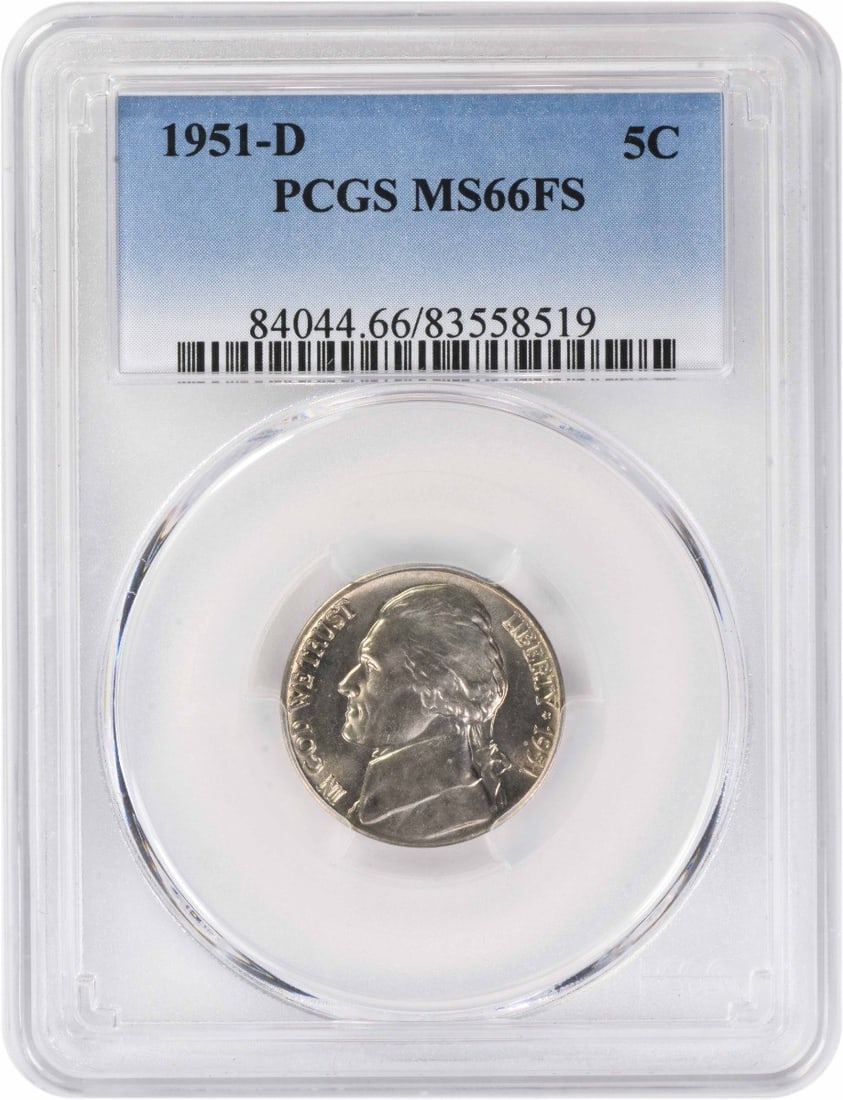 1951-D Jefferson Nickel MS66FS PCGS: 1951-D Jefferson Nickel MS66FS PCGS MS66FS PCGS certification sets a high standard for this 1951-D Jefferson Nickel, showcasing exceptional condition and detail. The coin's circulated/ununcirculated s