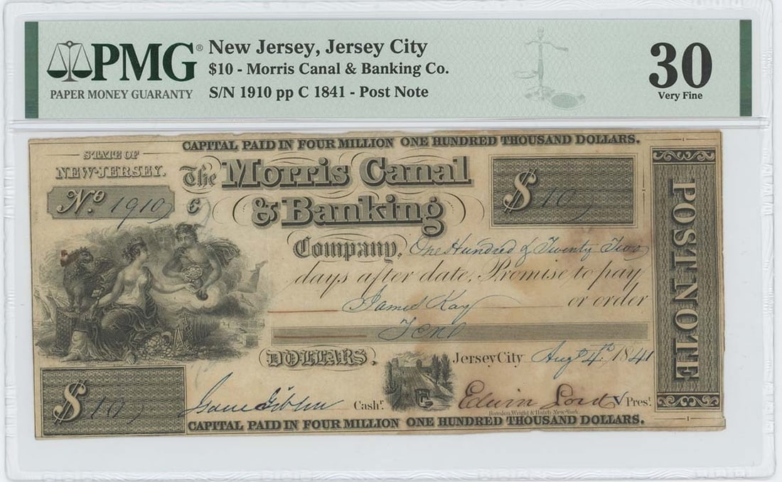 1841 $10 Jersey City, New Jersey Obsolete Post Note Morris Canal Bank PMG VF30 (1 of 1)