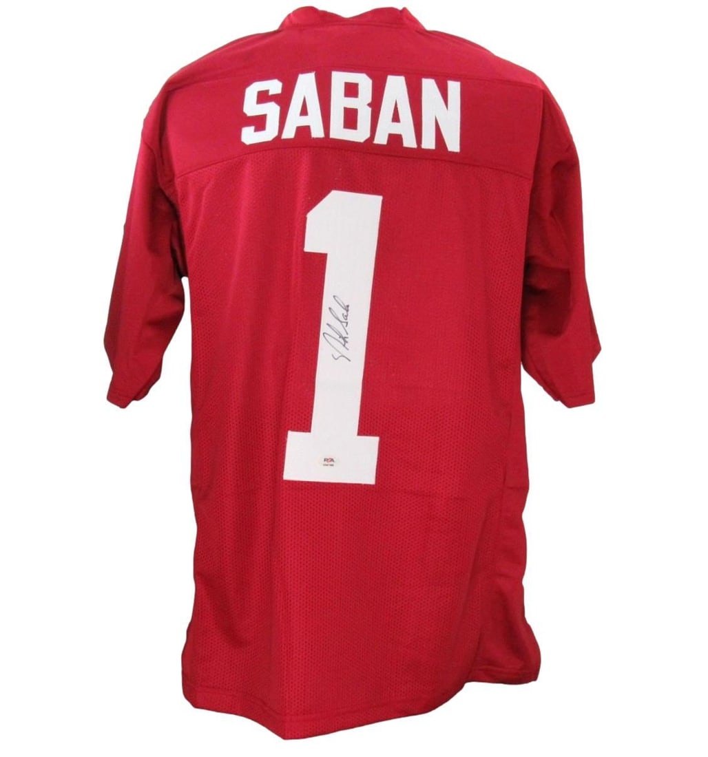 Alabama Autographed Football Jersey Nick Saban PSA DNA 192674: Alabama Autographed Football Jersey Nick Saban PSA DNA 192674 PSA DNA authenticates the autograph on this University of Alabama football jersey, ensuring its legitimacy. The jersey itself is a rare pi
