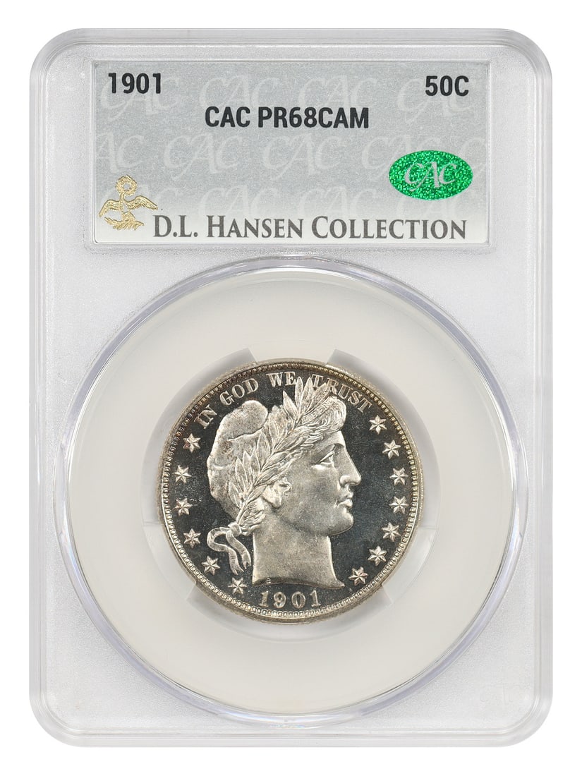 1901 50C CACG PR68CAM ex: D.L. Hansen - Barber Half Dollar: 1901 50C CACG PR68CAM ex: D.L. Hansen - Barber Half Dollar The 1901 50C CACG PR68CAM Barber Half Dollar is a highly graded uncirculated coin, certified by the CACG with a certification number of 81744