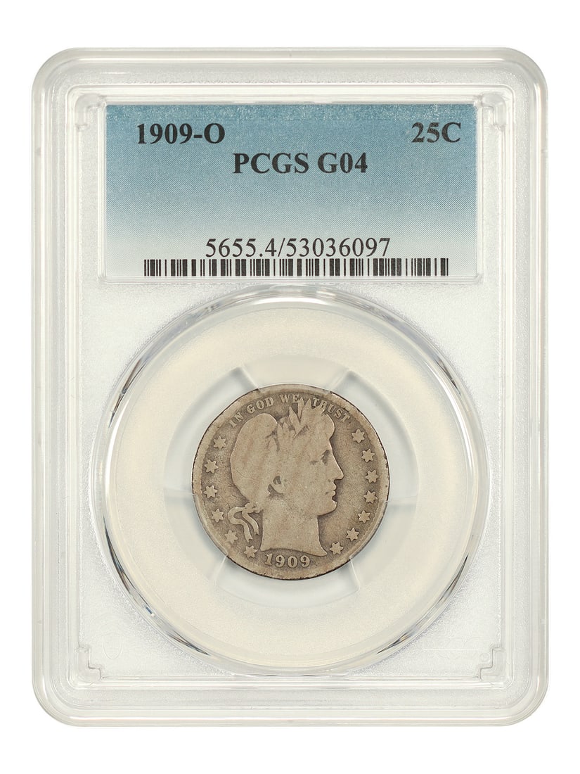 Scarce Underrated Date Barber Quarter 1909 O 25C PCGS Good: Scarce Underrated Date Barber Quarter 1909 O 25C PCGS Good The 1909 O Date Barber Quarter is a scarce and underrated coin, featuring a unique "O" mint mark from the New Orleans mint. This circulated c