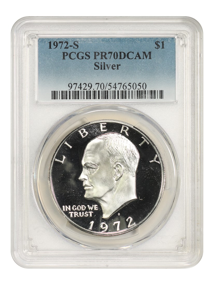 1972-S $1 PCGS PR70DCAM (Silver) - Ike Dollar: 1972-S $1 PCGS PR70DCAM (Silver) - Ike Dollar The 1972-S $1 PCGS PR70DCAM (Silver) Ike Dollar is a highly graded, uncirculated coin featuring a stunning PR70DCAM grade from the Professional Coin Gradi