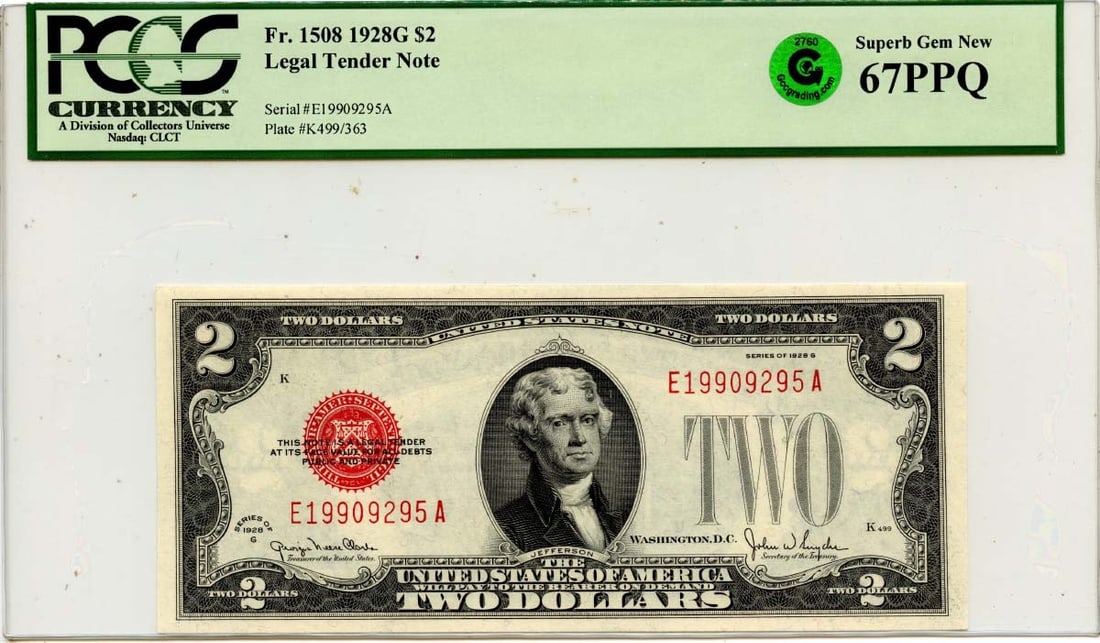 $2 Legal Tender Note 1928G PCGS Superb GEM 67 FR#1508: $2 Legal Tender Note 1928G PCGS Superb GEM 67 FR#1508 The 1928G $2 Legal Tender Note is a rare and highly graded example, certified by PCGS as MS67 Uncirculated. This superb condition note features a 