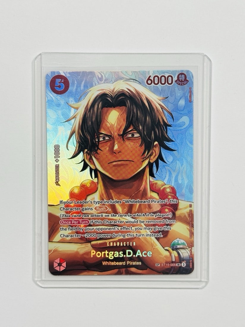 ONE PIECE TCG PORTGAS D. ACE SP ST15-005 SR THE TIME OF BATTLE OP16 ENGLISH NM: ONE PIECE TCG PORTGAS D. ACE SP ST15-005 SR THE TIME OF BATTLE OP16 ENGLISH NM One Piece TCG Portgas D. Ace SP ST15-005 SR The Time of Battle Op16 English NM. This Super Rare card from the One Piece T