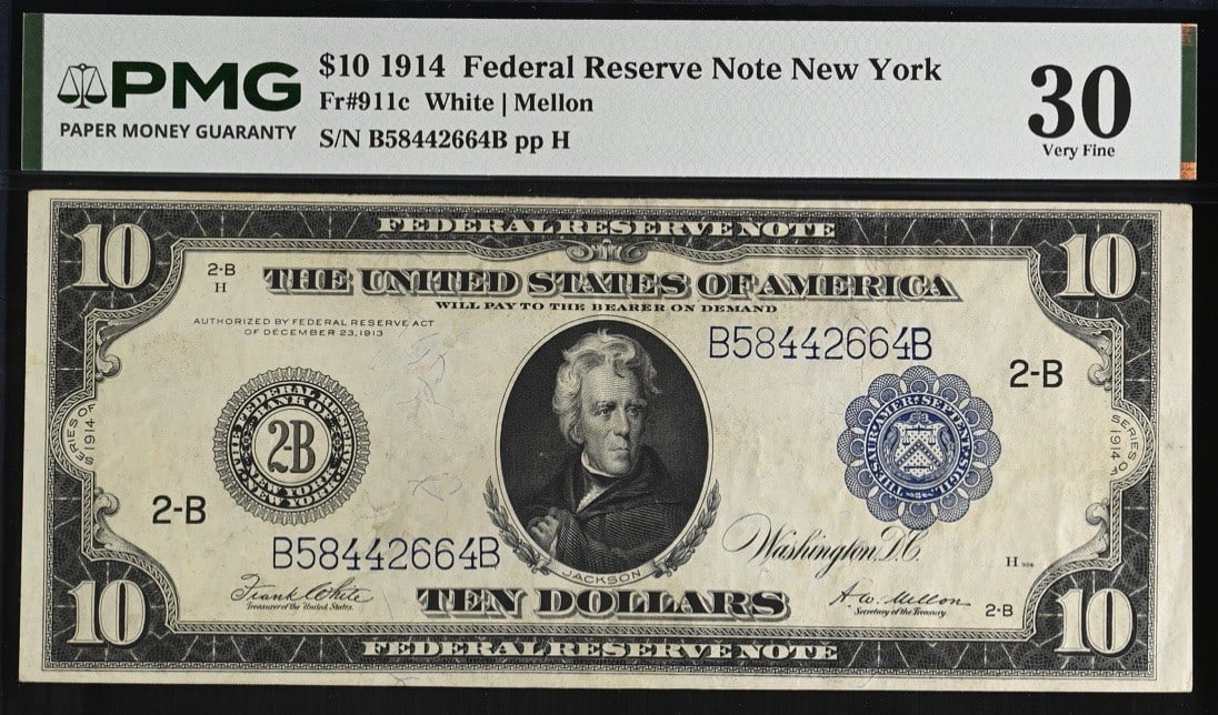 BLUE SEAL FEDERAL RESERVE NOTE PMG 30 NEW YORK FR 911C 1914 $10 PINHOLES (1 of 2)