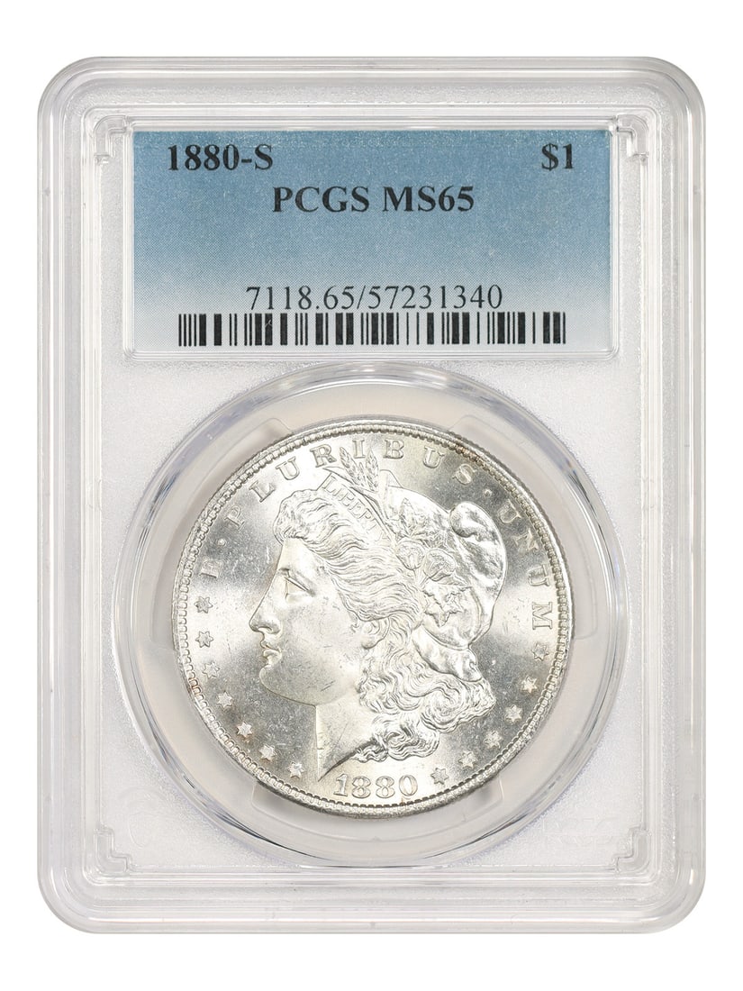 1880-S $1 PCGS MS65 - Morgan Dollar - Popular Collector Date: 1880-S $1 PCGS MS65 - Morgan Dollar - Popular Collector Date The 1880-S $1 Morgan Dollar is a highly sought-after collector's item, certified MS65 by PCGS, showcasing exceptional mint state condition.
