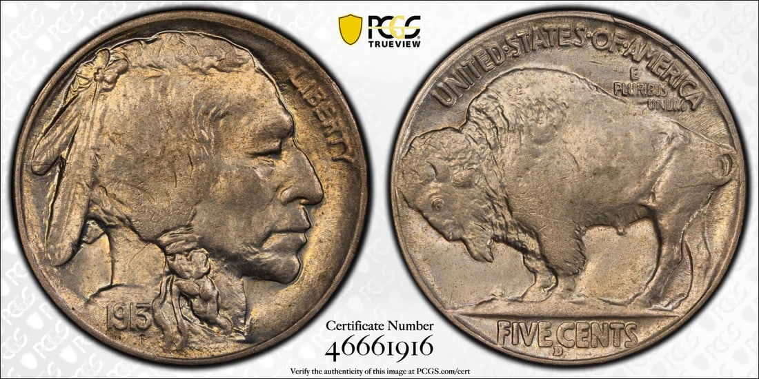 1913-D TYPE 2 BUFFALO NICKEL PCGS MS64: 1913-D TYPE 2 BUFFALO NICKEL PCGS MS64 The 1913-D Type 2 Buffalo Nickel is a highly sought-after coin, featuring a distinctive design with a bearded buffalo on the obverse and a shield on the reverse.