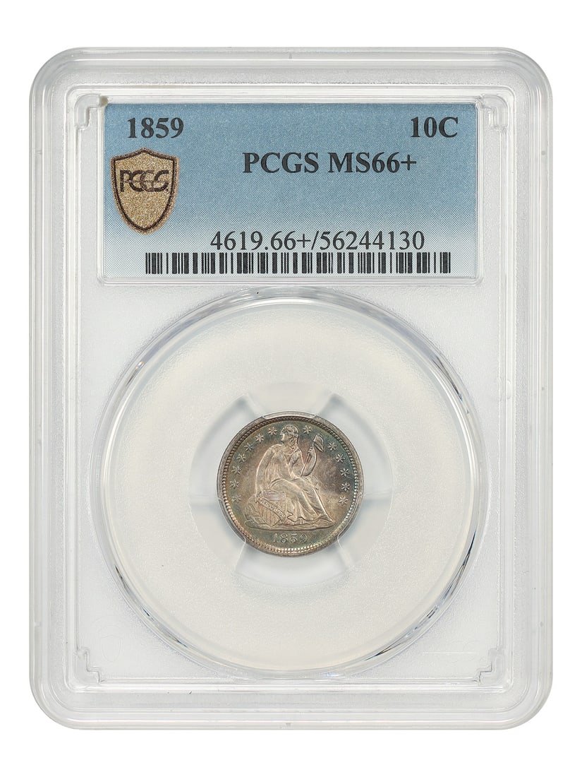 1859 10C PCGS MS66+ - Liberty Seated Dime: 1859 10C PCGS MS66+ - Liberty Seated Dime The 1859 10C PCGS MS66+ Liberty Seated Dime boasts an exceptional grade of MS66+, showcasing its impressive condition and rarity. Certified by the