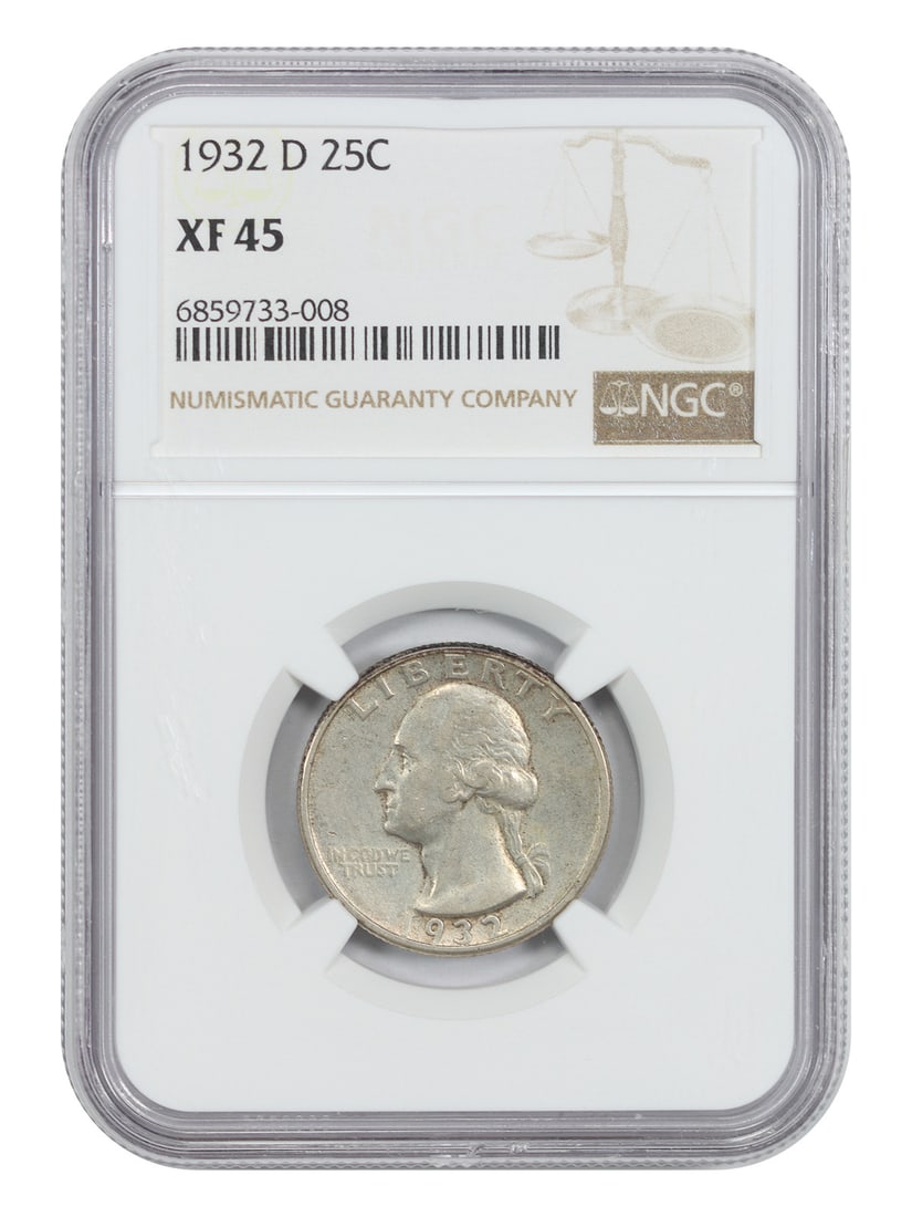 1932-D 25C NGC XF45 - Washington Quarter - Popular Key Date: 1932-D 25C NGC XF45 - Washington Quarter - Popular Key Date 1932-D Washington Quarter in XF45 condition, a notable key date for collectors. Certified by NGC, this circulated coin showcases its unique 