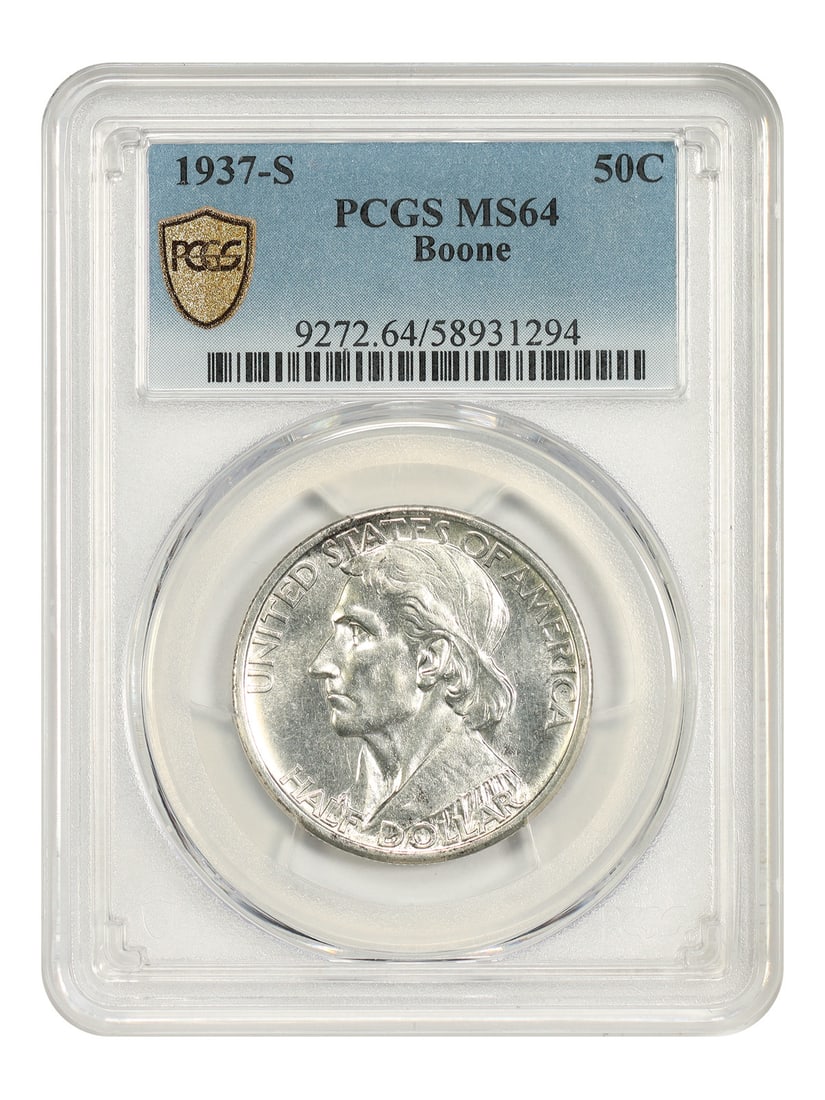 1937-S 50C Boone PCGS MS64 - Classic Silver Commemorative - Low Mintage Issue: 1937-S 50C Boone PCGS MS64 - Classic Silver Commemorative - Low Mintage Issue The 1937-S 50C is a low mintage issue of the classic silver commemorative coin, minted in San Francisco. With a PCGS MS64 