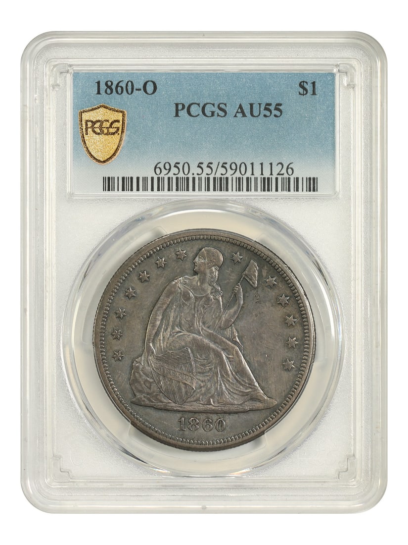 1860-O $1 PCGS AU55 - Liberty Seated Dollar - Popular New Orleans Mint: 1860-O $1 PCGS AU55 - Liberty Seated Dollar - Popular New Orleans Mint The 1860-O $1 Liberty Seated Dollar, certified by PCGS, boasts a rich history as a product of the New Orleans Mint. With a circul