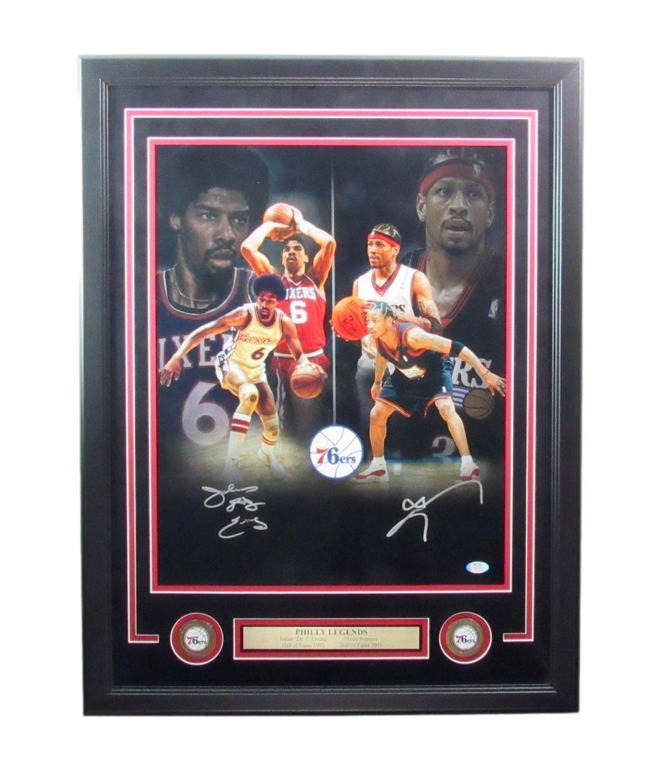 Julius Erving/ Allen Iverson HOF 76ers Autographed 16x20 Photo Framed PSA/ DNA 347: Julius Erving/ Allen Iverson HOF 76ers Autographed 16x20 Photo Framed PSA/ DNA 347 Authentic 16x20 photo of Julius Erving and Allen Iverson, both members of the Philadelphia 76ers, is framed with a PS
