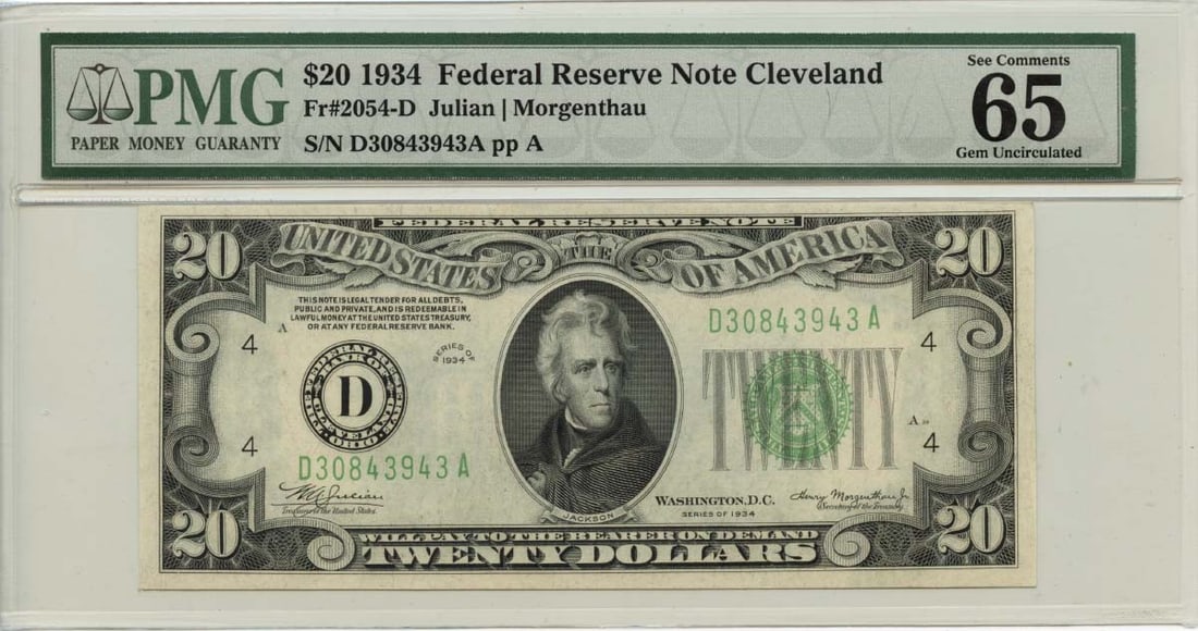 1934 $20 Federal Reserve Note Cleveland OH PMG Gem65 EPQ Mule: 1934 $20 Federal Reserve Note Cleveland OH PMG Gem65 EPQ Mule Item Specifics: Certification: PMG Certification Number: 1004764048 Grade: MS65 Circulated/Uncirculated: Uncirculated Denomination: Federa