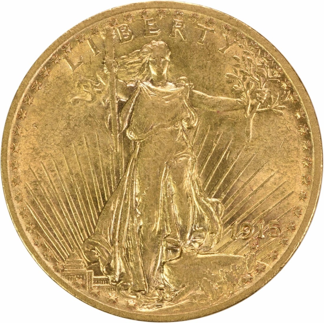 1915-S $20 Gold St. Gaudens AU Slider Uncertified: 1915-S $20 Gold St. Gaudens AU Slider Uncertified The 1915-S $20 Gold St. Gaudens AU Slider Uncertified is a circulated 1915 gold coin featuring the iconic design of Augustus St. Gaudens. With a high 