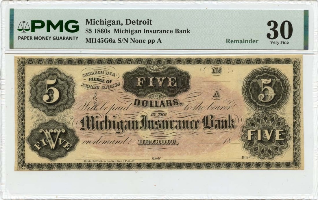1860s $5 Detroit, Michigan Obsolete Note Michigan Insurance Bank PMG VF30: 1860s $5 Detroit, Michigan Obsolete Note Michigan Insurance Bank PMG VF30 The 1860s $5 Detroit, Michigan Obsolete Note is a rare and historic financial artifact, bearing the signature of the Michigan 