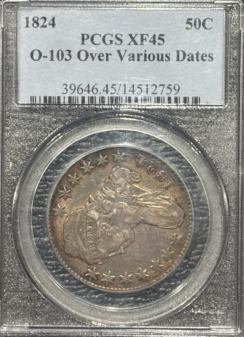 DOLLAR HALF OVER VARIOUS 1824 PCGS XF45: DOLLAR HALF OVER VARIOUS 1824 PCGS XF45 The 1824 Dollar Half, graded XF 45 by PCGS, boasts a rich history as a silver coin from the Philadelphia Mint. This coin's exceptional condition is a testament 