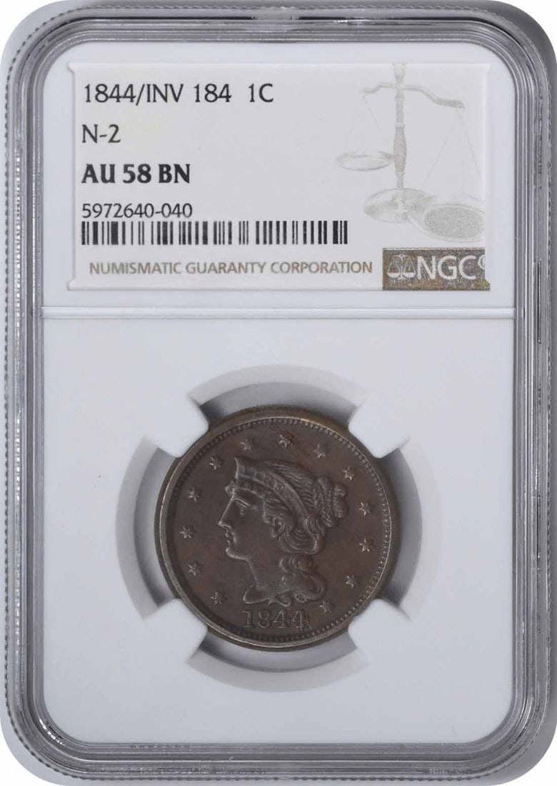 Large Cent 1844/ 81 AU58BN NGC: Large Cent 1844/ 81 AU58BN NGC The 1844/81 Large Cent is a rare and historic coin, certified by the NGC as AU58BN Circulated. This Braided Hair design, created by Christian Gobrecht, is a notable feat