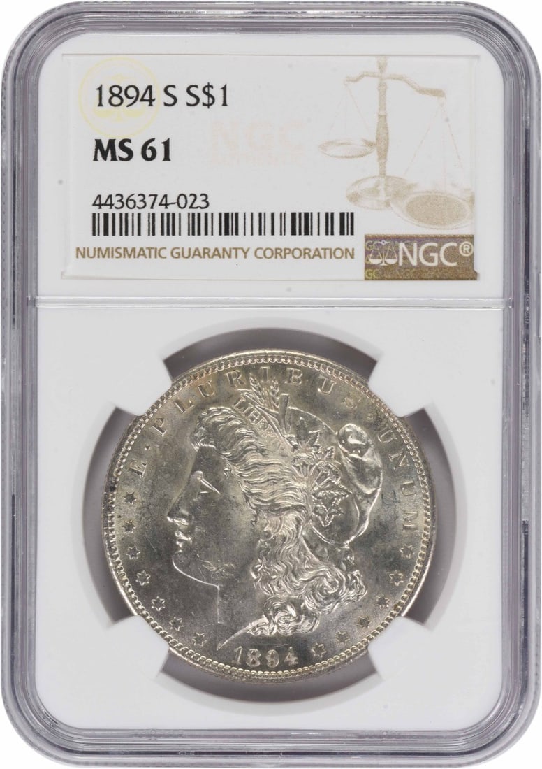 1894-S Morgan Silver Dollar MS61 NGC: 1894-S Morgan Silver Dollar MS61 NGC The 1894-S Morgan Silver Dollar is a highly detailed and intricately designed coin, featuring George T. Morgan's iconic design. With its 90% silver and 10% copper 