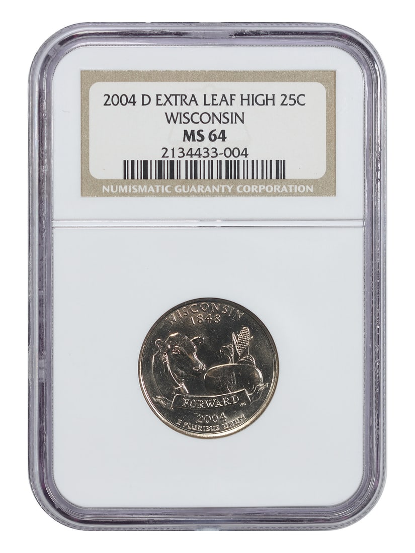 2004-D 25C Wisconsin NGC MS64 (Extra Leaf High) - Washington 50 States Quarters: 2004-D 25C Wisconsin NGC MS64 (Extra Leaf High) - Washington 50 States Quarters 2004-D 25C Wisconsin NGC MS64 (Extra Leaf High) - Washington 50 States Quarters. This 2004-D quarter features a high-gra