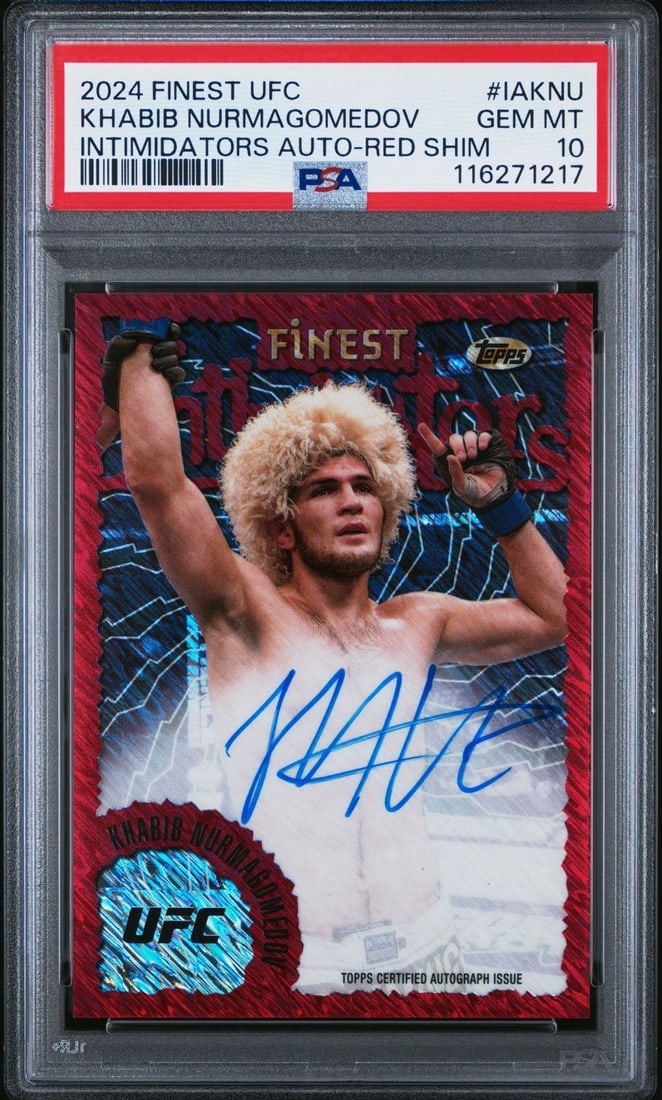 KHABIB NURMAGOMEDOV 2024 FINEST RED AUTO PSA 10 TOPPS UFC INTIMIDATORS: KHABIB NURMAGOMEDOV 2024 FINEST RED AUTO PSA 10 TOPPS UFC INTIMIDATORS PSA 10 Topps Finest card featuring the autograph of Khabib Nurmagomedov, one of the most accomplished mixed martial artists in th