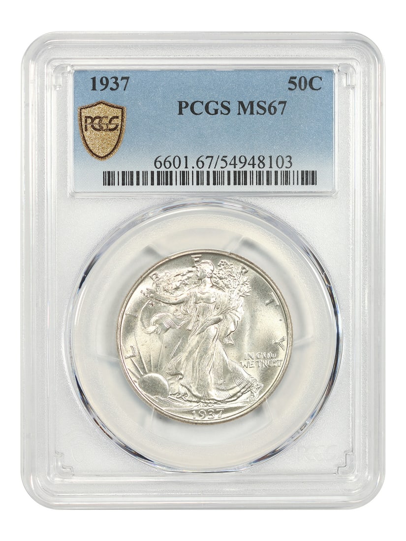 1937 50C PCGS MS67 - Walking Liberty Half Dollar: 1937 50C PCGS MS67 - Walking Liberty Half Dollar The 1937 Walking Liberty Half Dollar is a highly sought-after coin, graded MS67 by PCGS, indicating its exceptional condition. With its iconic design a