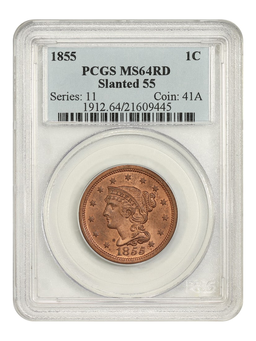 1855 1C PCGS MS64RD (Slanted 55) - Braided Hair Cent - Grand Red Large Cent: 1855 1C PCGS MS64RD (Slanted 55) - Braided Hair Cent - Grand Red Large Cent The 1855 Braided Hair Cent, graded MS64RD by PCGS, boasts a striking Grand Red color, a testament to its exceptional conditi