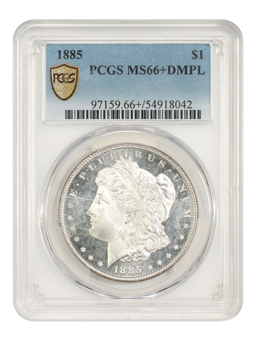 MS66+DMPL 1885 PCGS Morgan Dollar: MS66+DMPL 1885 PCGS Morgan Dollar MS66+DMPL 1885 PCGS Morgan Dollar is a highly graded uncirculated coin, certified by the Professional Coin Grading Service (PCGS) with a high grade of MS66+ and a DMP