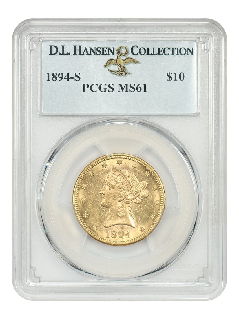 MS61 PCGS $10 ex D.L. Hansen: MS61 PCGS $10 ex D.L. Hansen The 1894 $10 gold piece is a highly sought-after coin, and this PCGS-certified example is a rare find. With its uncirculated condition and certification from the prestigio