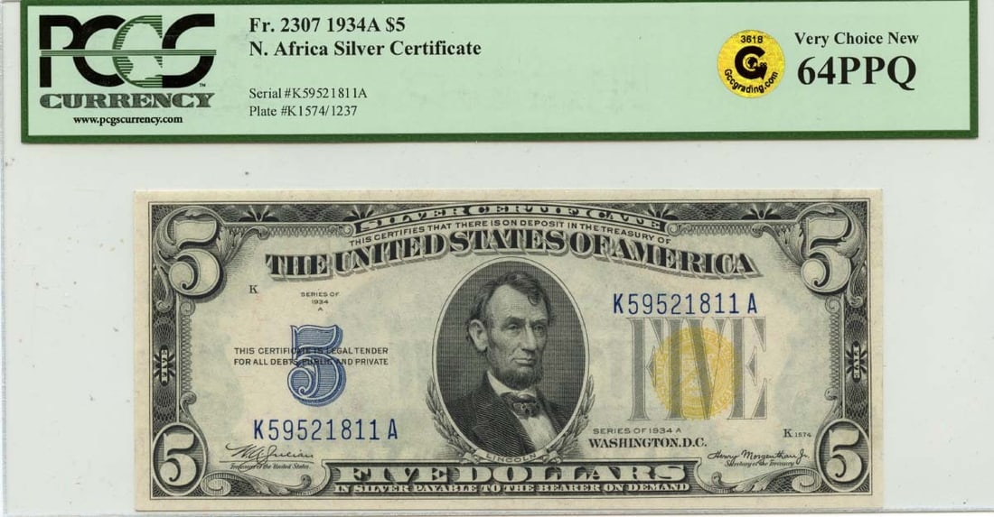 1934A $10 Silver Certificate North Africa WWII FR#2309 PCGS CU64 PPQ GCC Gold: 1934A $10 Silver Certificate North Africa WWII FR#2309 PCGS CU64 PPQ GCC Gold This 1934A $10 Silver Certificate is a rare and significant piece from North Africa during WWII, bearing the FR#2309 PCGS 
