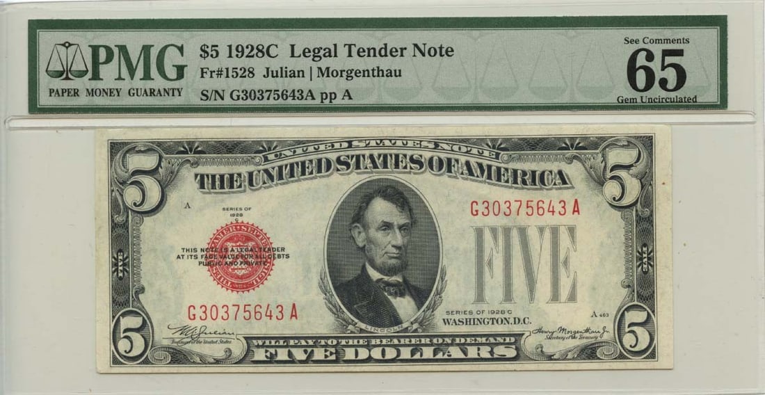 1928C $5 Legal Tender Note Fr# 1528 PMG Gem65 EPQ: 1928C $5 Legal Tender Note Fr# 1528 PMG Gem65 EPQ The 1928C $5 Legal Tender Note, Fr# 1528, boasts a stunning MS65 grade from PMG, indicating exceptional condition. This uncirculated note features the