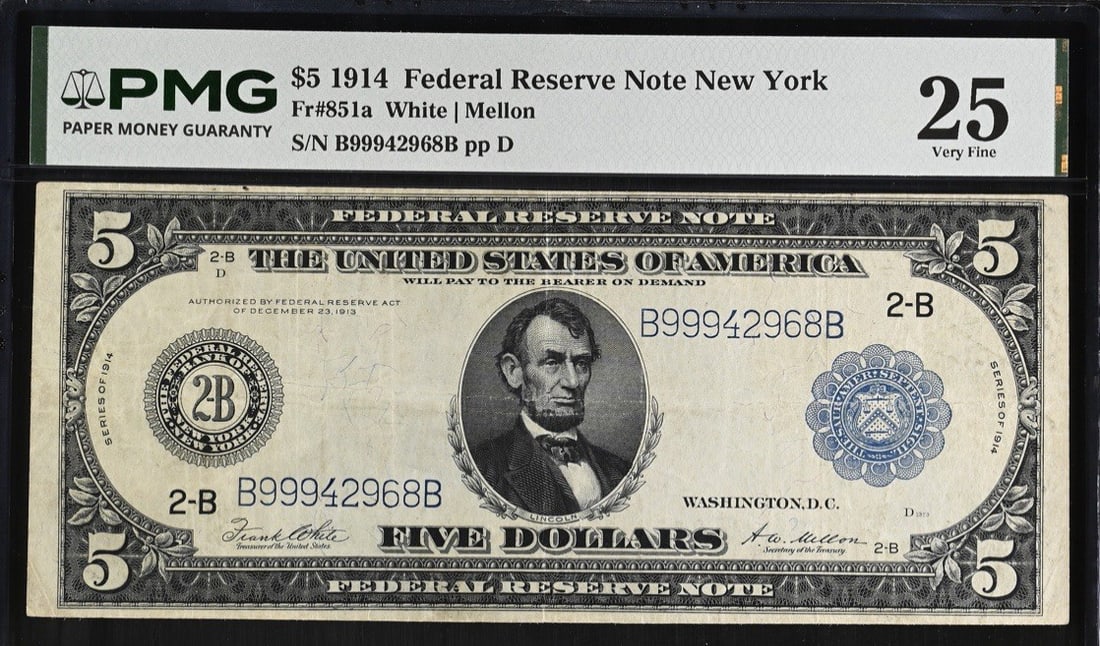 1914 $5 FEDERAL RESERVE NOTE NEW YORK FR. 851A PMG VF 25: 1914 $5 FEDERAL RESERVE NOTE NEW YORK FR. 851A PMG VF 25 The 1914 $5 Federal Reserve Note from PMG is a rare and historic example of early American currency. In excellent condition, this note features