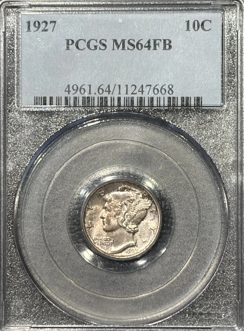 MERCURY DIME 1927 PCGS MS64: MERCURY DIME 1927 PCGS MS64 The 1927 Mercury dime, graded MS64 by PCGS, is a highly detailed and well-preserved uncirculated coin. Certified by the prestigious Professional Coin Grading Service, this