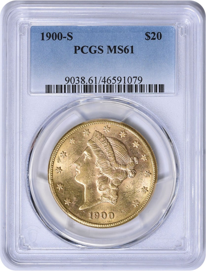 Gold Liberty Head MS61 PCGS 1900-S $20: Gold Liberty Head MS61 PCGS 1900-S $20 The 1900-S $20 Gold Liberty Head coin is a rare and historic piece, certified by PCGS as MS61, with a circulated/uncirculated grade of Uncirculated. This coin fe