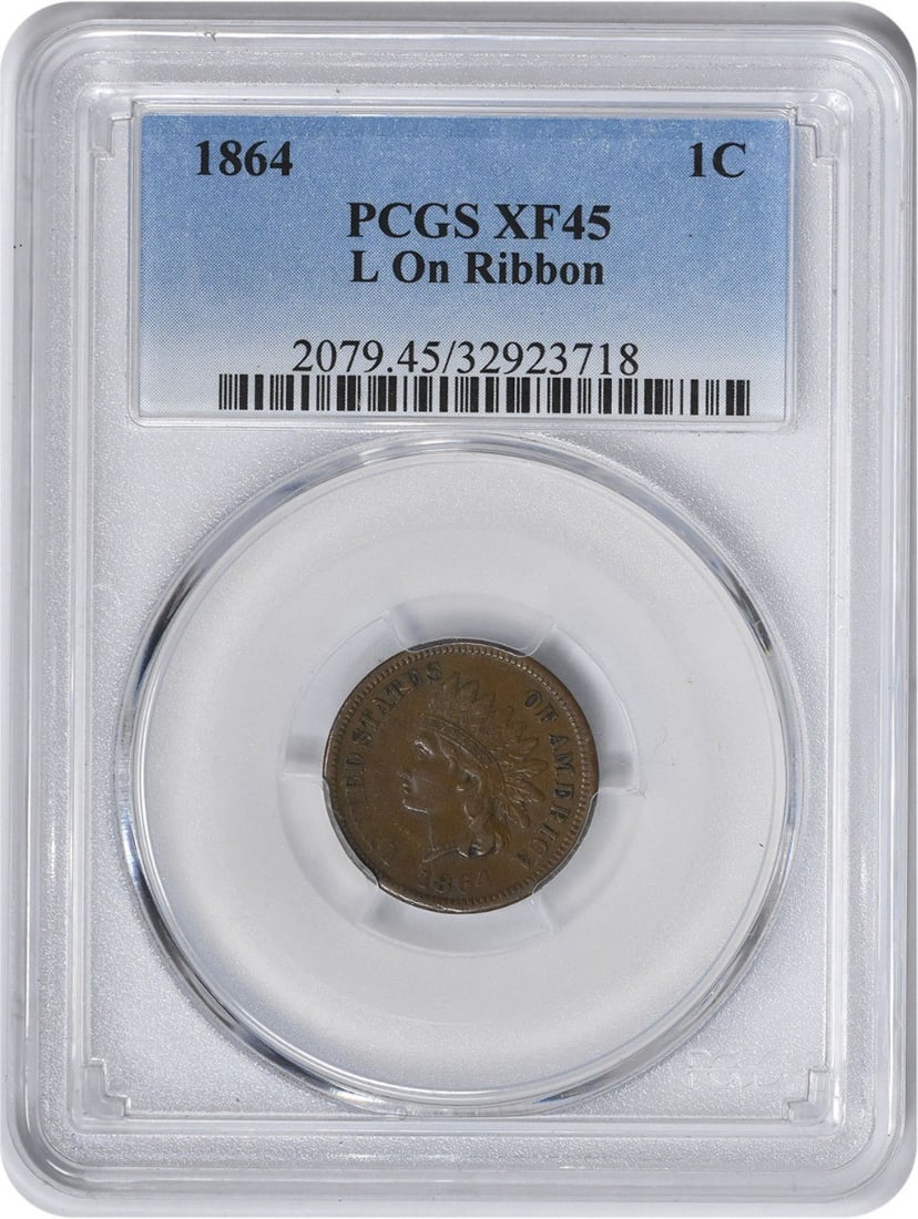 Indian Cent 1864 L on Ribbon EF45 PCGS: Indian Cent 1864 L on Ribbon EF45 PCGS The 1864 Indian Cent on Ribbon is a rare and historic coin, with only 39,233,714 minted, making it a highly sought-after collector's item. This coin features a s