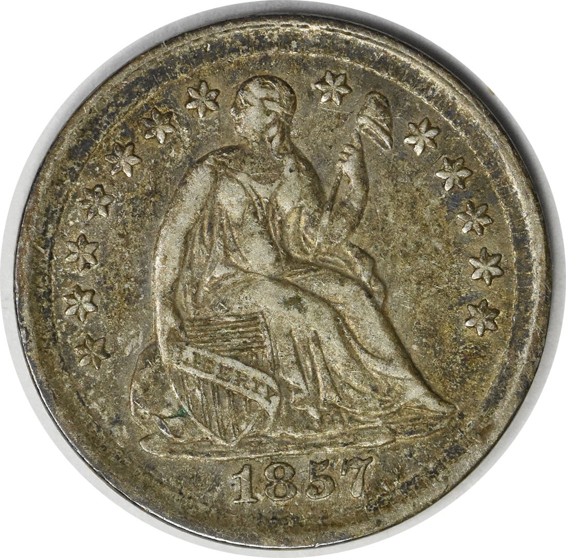 Seated Liberty Silver Half Dime AU Uncertified: Seated Liberty Silver Half Dime AU Uncertified Seated Liberty Silver Half Dime AU Uncertified features a circulated 1857 design with no mint mark, bearing the KM number A62.2. This coin is made of sil