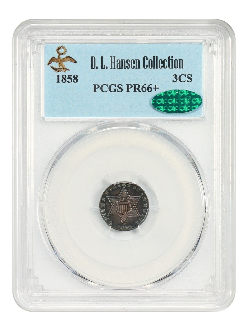 PCGS CAC PR66+ ex D.L. Hansen Three Cent Silver: PCGS CAC PR66+ ex D.L. Hansen Three Cent Silver The 1858 Three Cent Silver, certified by PCGS as PR66+, boasts a high level of preservation, showcasing its uncirculated condition. This rare coin, mint