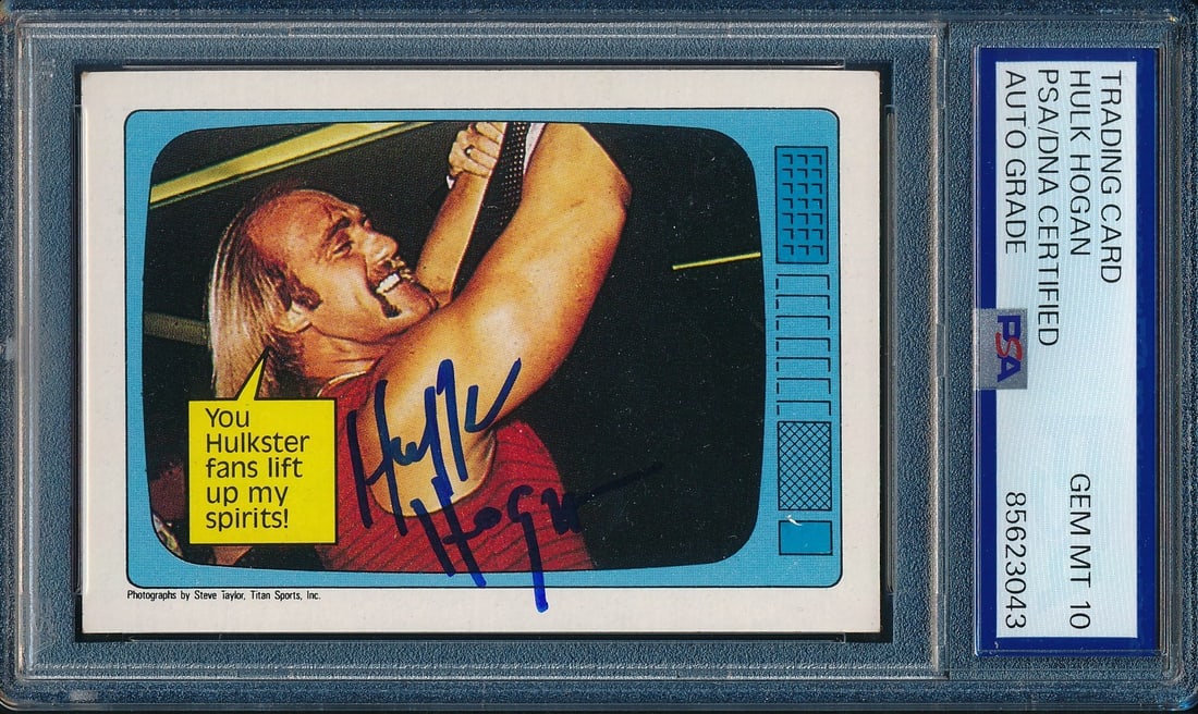 1985 TOPPS WWF Hulk Hogan Signed/ Auto On Card #60 PSA/ DNA 10 203279: 1985 TOPPS WWF Hulk Hogan Signed/ Auto On Card #60 PSA/ DNA 10 203279 Signed by Hulk Hogan on a 1985 Topps WWF card, this PSA/DNA 10 graded item boasts a high level of authenticity and is a must-have 