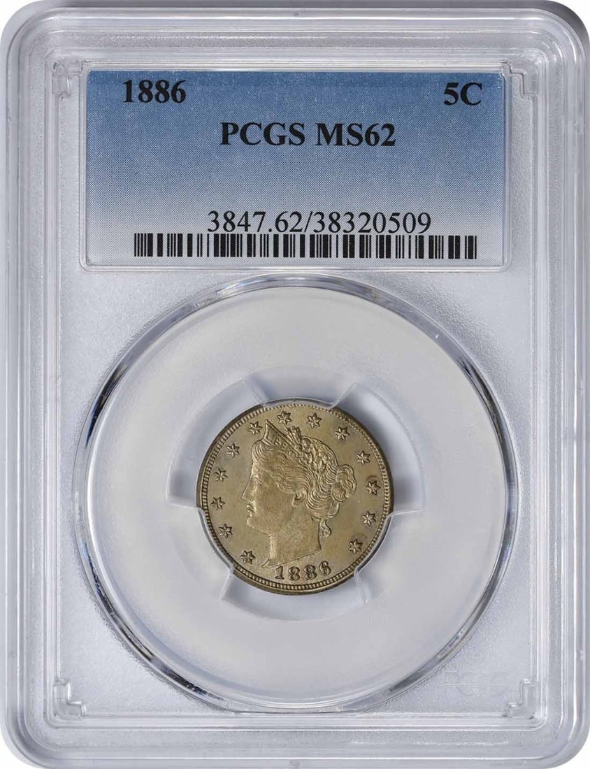 MS62 Liberty Nickel 1886: MS62 Liberty Nickel 1886 MS62 Liberty Nickel 1886, graded by PCGS, showcases its high level of preservation with a circulated/uncirculated designation. The 1886 Liberty Nickel is a rare and iconic coi