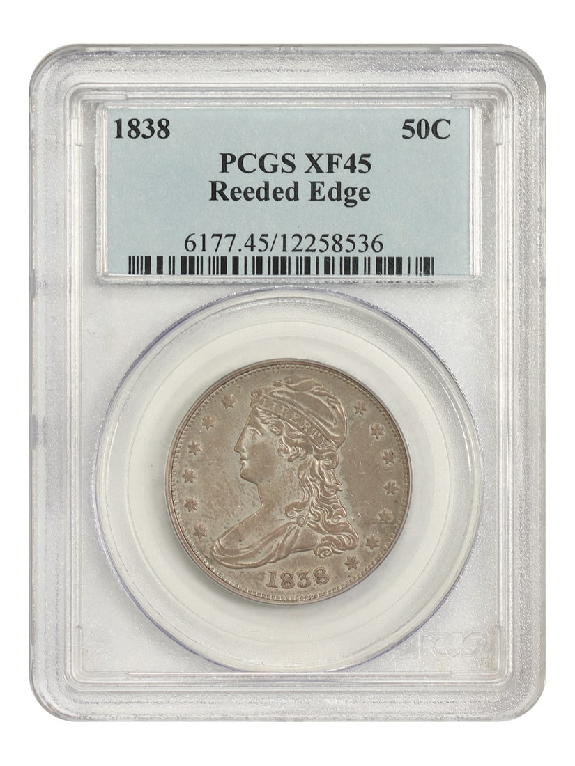 1838 50C PCGS XF45 (Reeded Edge) - Capped Bust Half Dollar - Great Type Coin: 1838 50C PCGS XF45 (Reeded Edge) - Capped Bust Half Dollar - Great Type Coin The 1838 50C PCGS XF45 (Reeded Edge) Capped Bust Half Dollar boasts a striking reeded edge, a distinctive feature of this t