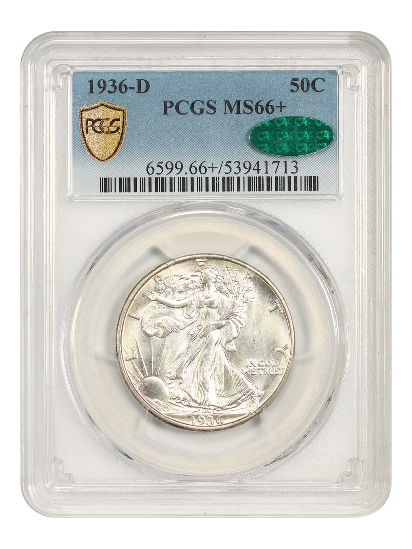 1936-D 50C PCGS/ CAC MS66+ - Walking Liberty Half Dollar: 1936-D 50C PCGS/ CAC MS66+ - Walking Liberty Half Dollar The 1936-D Walking Liberty Half Dollar is a highly sought-after coin, featuring a stunning design by Adolph A. Weinman. Certified MS66+ by PCGS