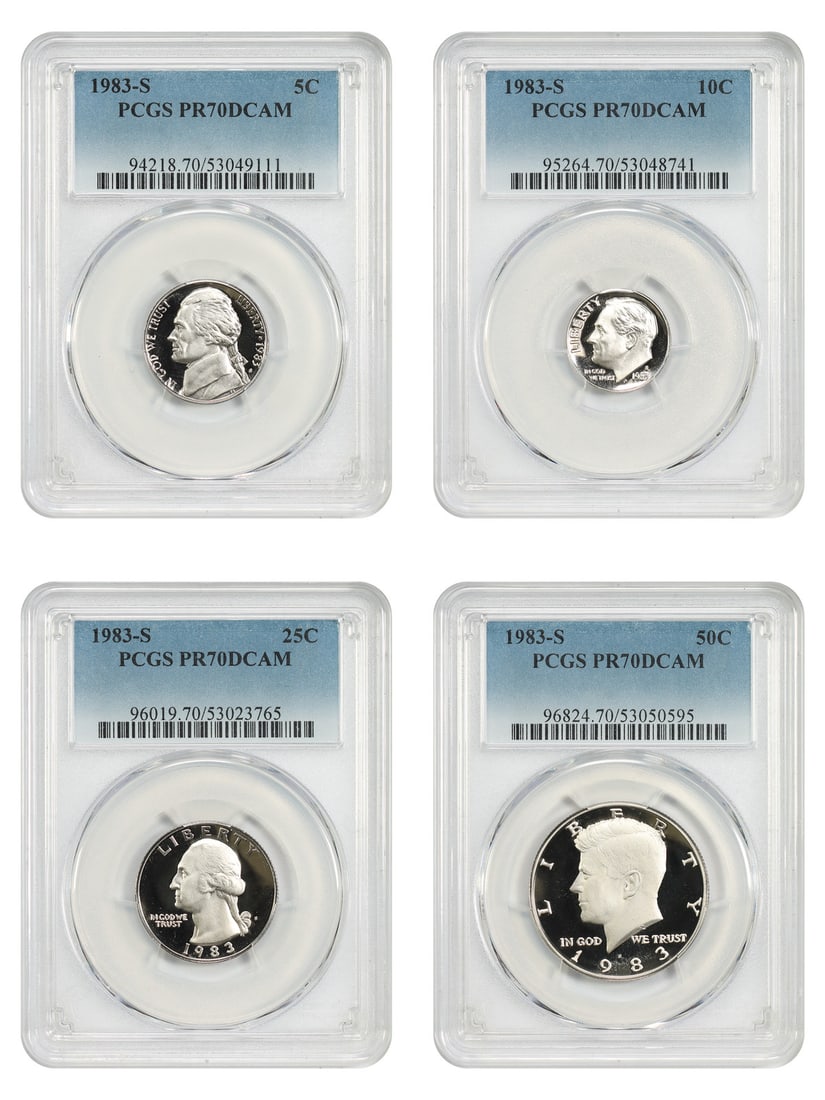 Lot of 1983-S 5C-50C PCGS PR70DCAM (4 Coins) - Jefferson Nickel: Lot of 1983-S 5C-50C PCGS PR70DCAM (4 Coins) - Jefferson Nickel The 1983-S Jefferson Nickel, graded PR70DCAM by PCGS, boasts a stunning level of preservation, with four coins showcasing exceptional co